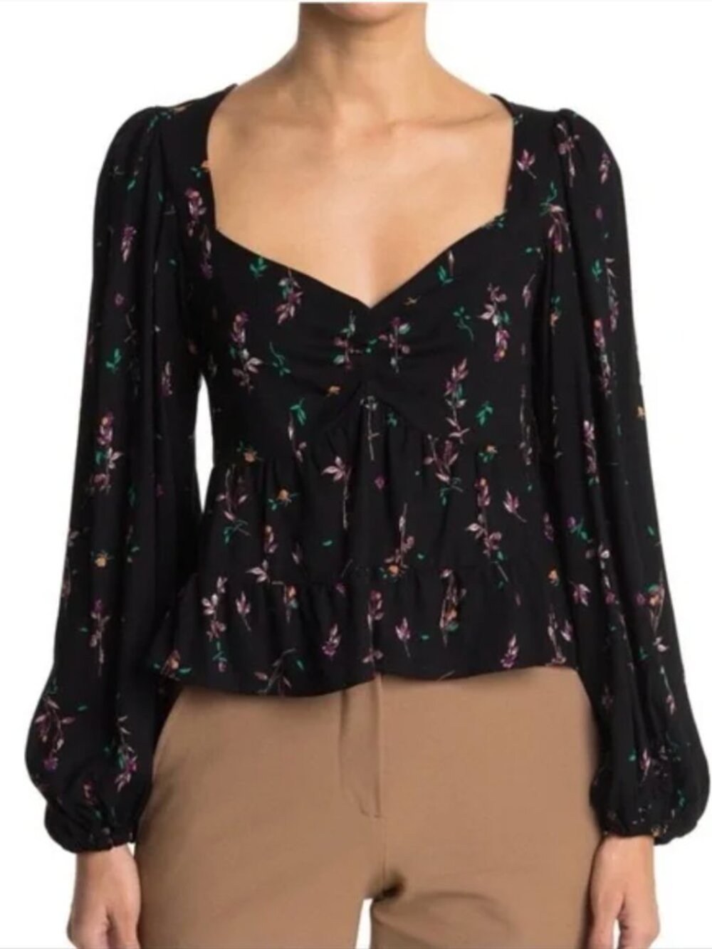 AFRM Floral V-Neck Long Sleeve Top Black Peasant Blouse